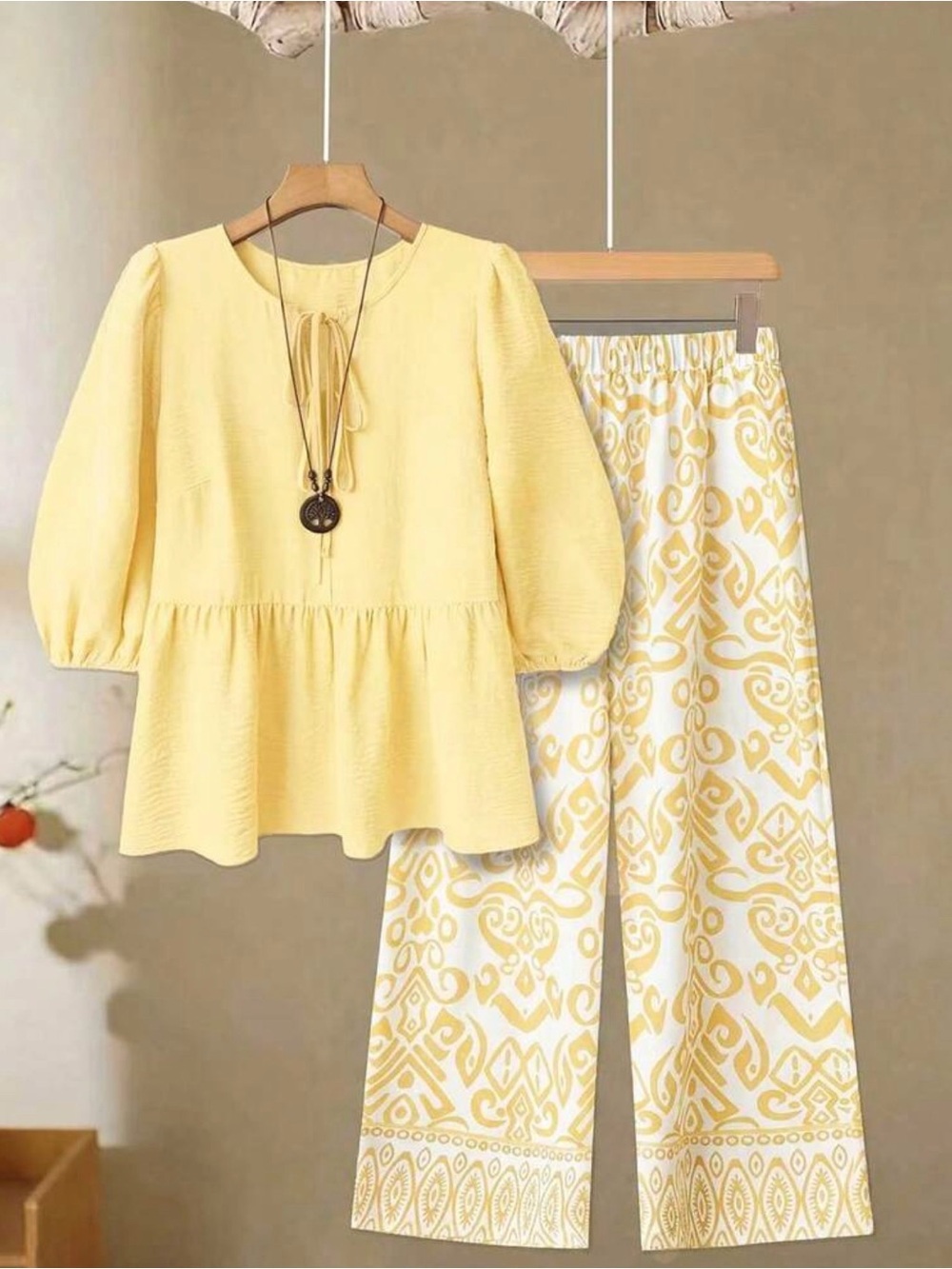 SHEIN Yellow Peplum Top with White & Yellow Wide Leg Patterned Pants